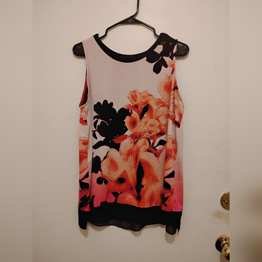 Floral Sleeveless Blouse | Pink Orange Black | Sheer Hem Detail